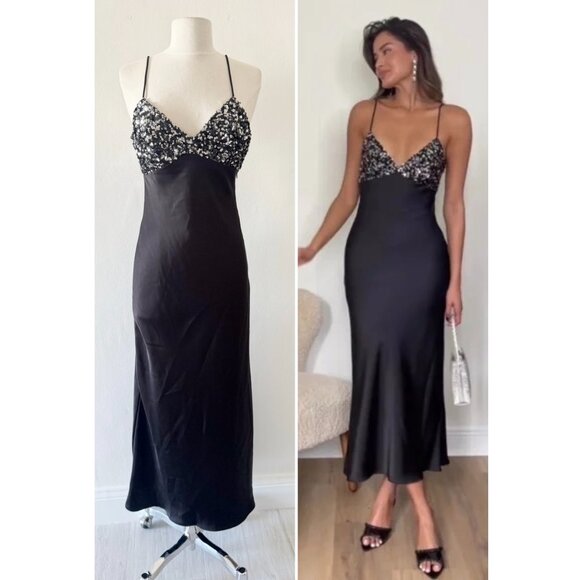 Zara Dresses & Skirts - Zara Black Satin Silver Sequin Cami Slip Maxi Dress Party Cocktail Size XS